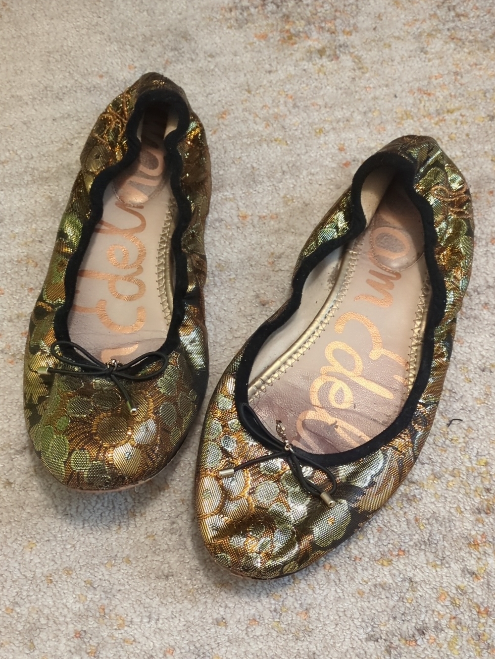 Sam Edelman Metallic Floral Ballet Flats in Gold and Green